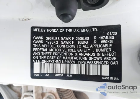 2020 Honda Civic Ex z USA, uszkodzony, nr VIN SHHFK7H60LU216389